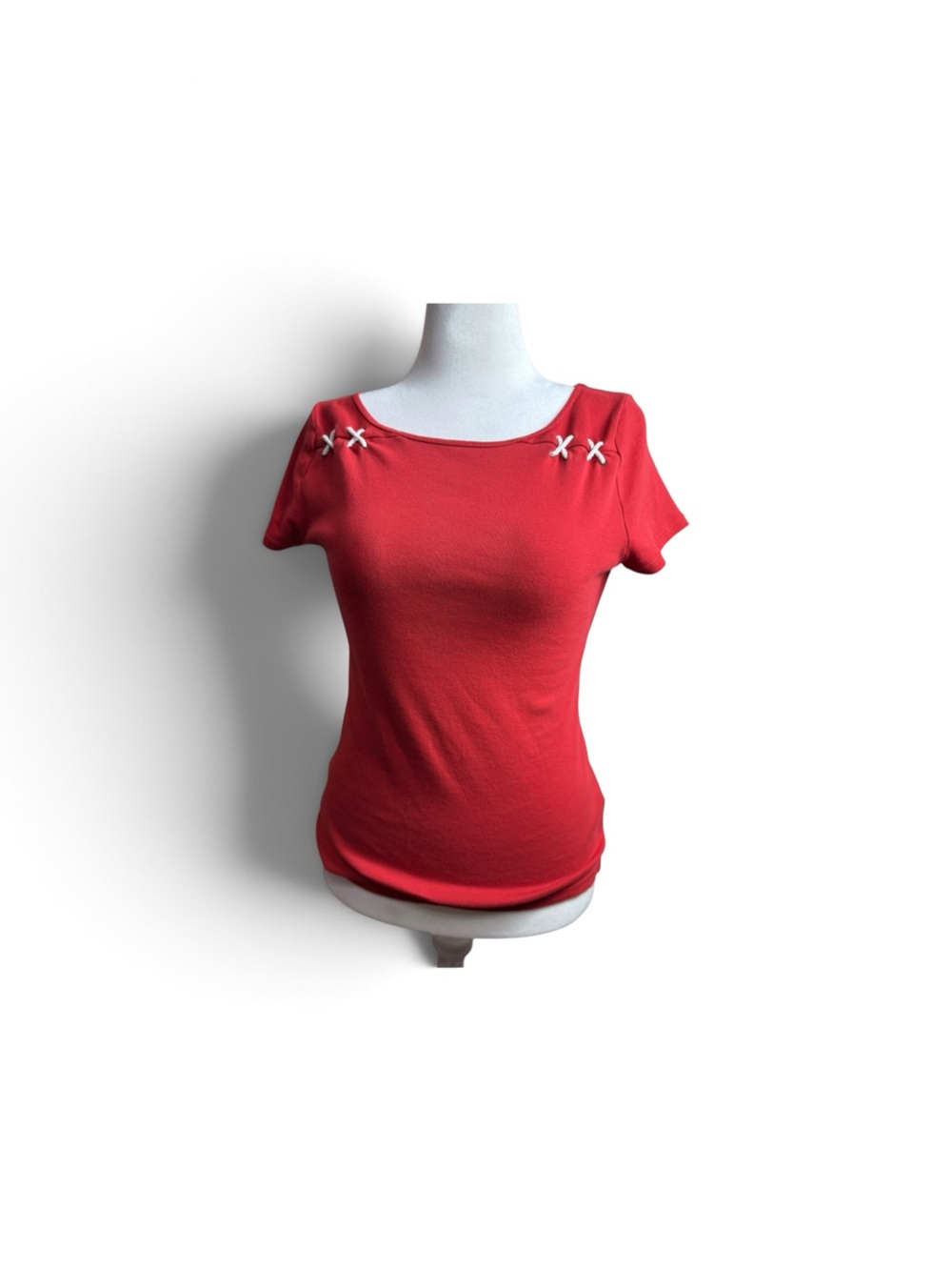Ralph Lauren Red Short-Sleeve Tee with White Shoulder Cross-Tie Accents size med